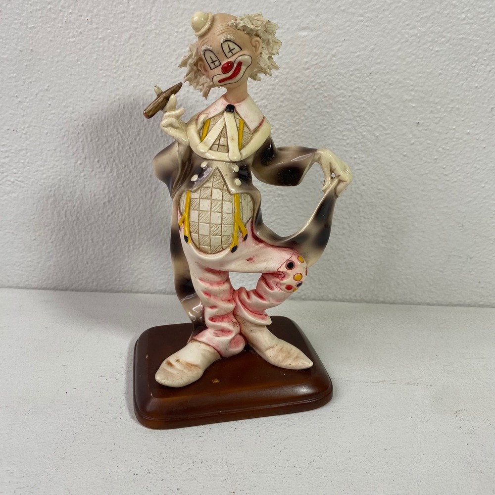 Vintage Hobo Clown Figurine with Cigar Polka Dot Suit Whimsical Decor 6.5 Inch